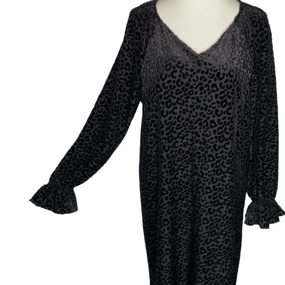 Nine West Velvet Burnout Shift Dress Black Leopard Print Size 16 Holiday Party - Picture 2 of 16